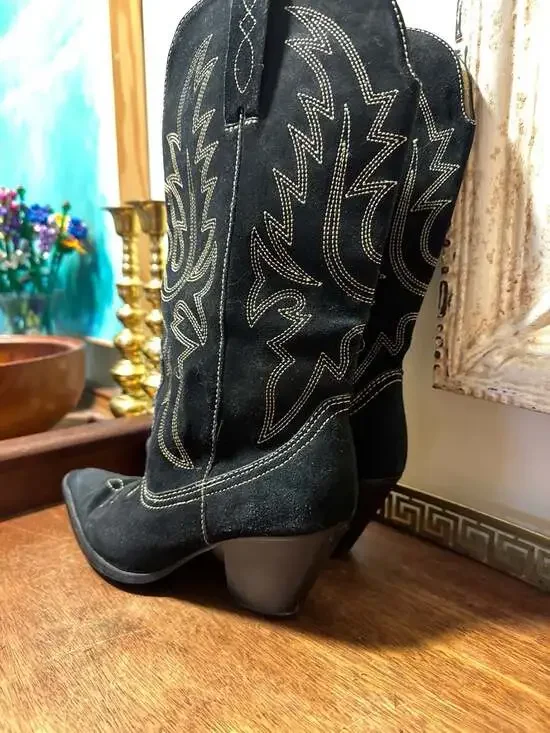 Wilsons Leather Black Suede Tall Western Cowboy Boots with Contrast Stitching - Picture 6 of 11